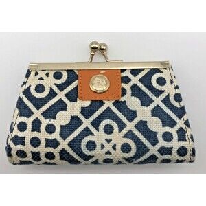 Spartina Wallet Coin Purse Clutch Blue White Geometric Linen Leather Kiss Clasp